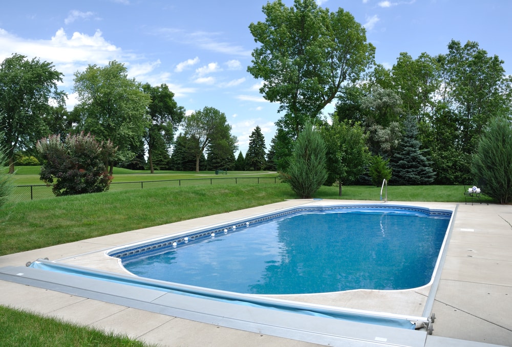 An inground pool surrounded by a lush lawn and trees on a sunny day.