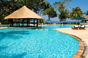 A photo of a pool in a tropical resort setting with a straw gazebo and palm trees in the background.